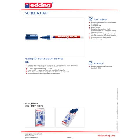 Marcatore permanente edding 404 punta conica 0,75 mm blu E-404 003